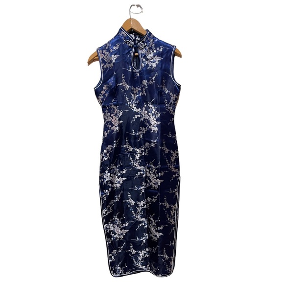 Chinese Royal Blue Floral Two Side Slits Dress - Picture 6 of 9